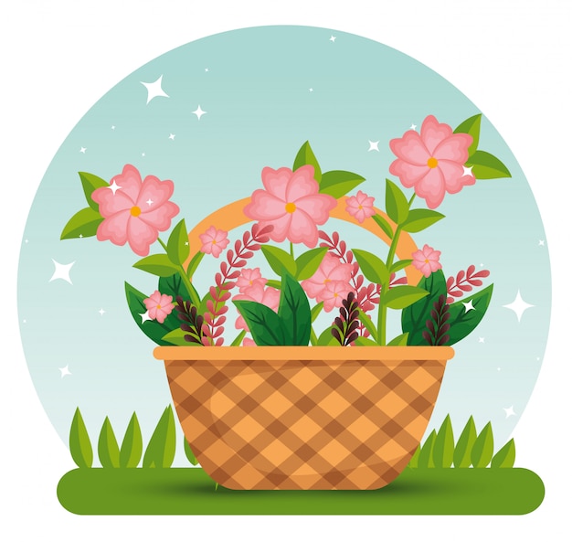 Free vector flowers plants with branches leaves inside basket