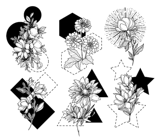 Flowers set hand sketch drawing  black and white