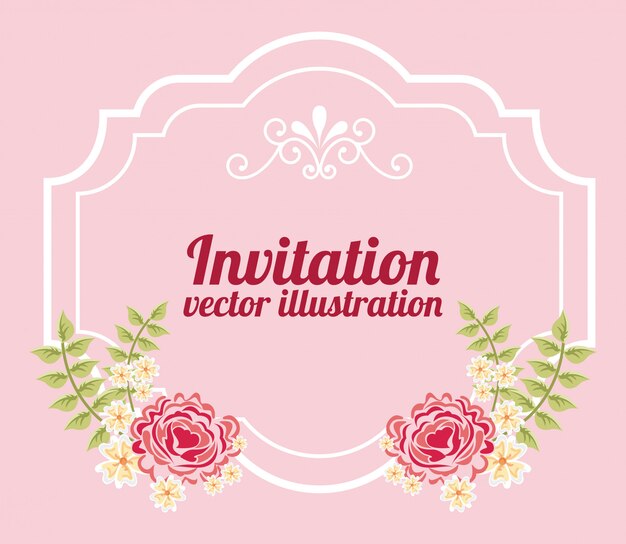 flowers with frame over pink invitation template