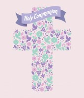 Free vector flowers with grapes and doves inside cross with ribbon