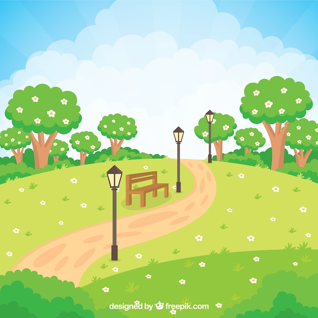 Бесплатное векторное изображение Цветущий сад с скамейке