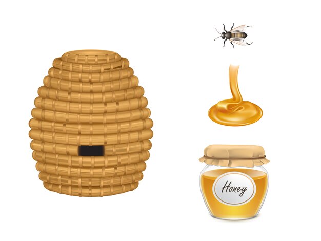Flowing honey, glass jar with fabric cover, beehive and bee insect 