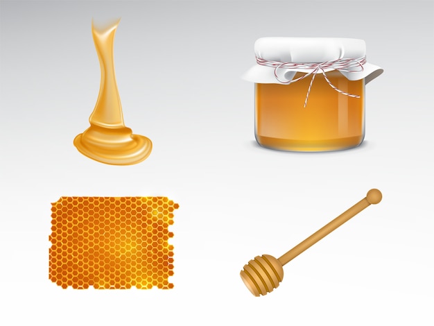 Free vector flowing honey, glass jar with fabric cover, honeycomb, wooden dipper