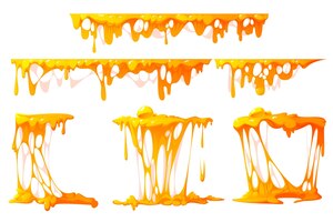 Flowing melted cheese isolated on white background vector cartoon borders of hot cheddar parmesan or...