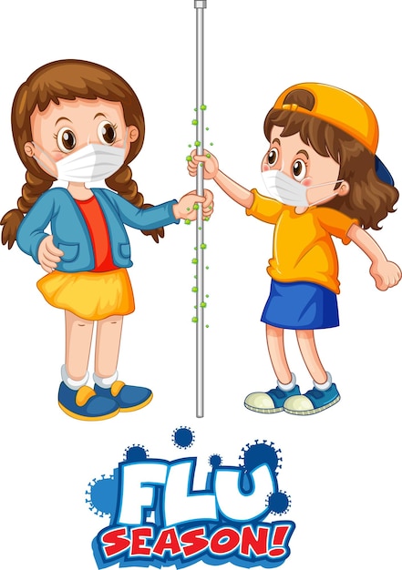 두 아이가 있는 만화 스타일의 독감 시즌 글꼴은 흰색 배경에 격리된 사회적 거리를 유지하지 않습니다.