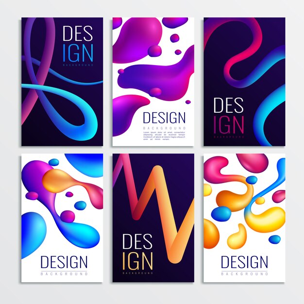 Fluid neon holographic abstract design elements cards collection of six vertical compositions with gradient curve shapes