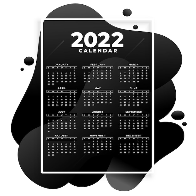 Vettore gratuito modello di progettazione del calendario 2022 nero astratto in stile fluido