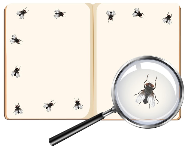 Fly insects on blank book pages with magnifying glass isolated on white background