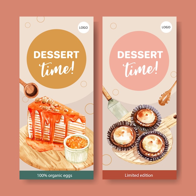 Free vector flyer design with crepe cake, cupcake watercolor illustration.