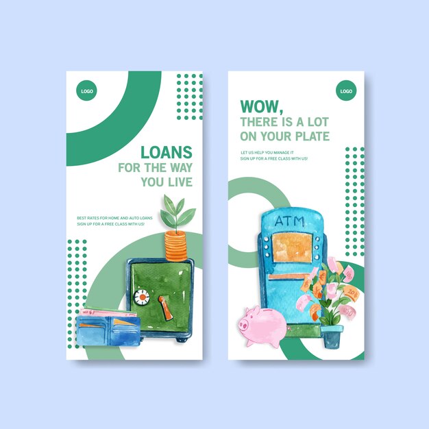 Flyer design with finance,business,currency and banking watercolor illustration.