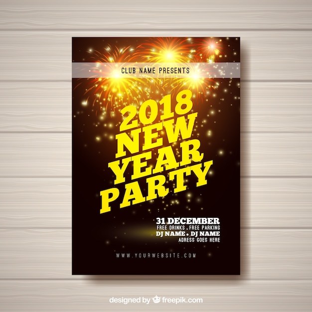Vettore gratuito flyer per la festa del nuovo anno con fuochi d'artificio d'oro