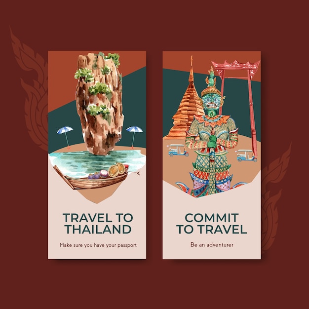 Vettore gratuito modello di volantino impostato con viaggi in thailandia per brochure in stile acquerello