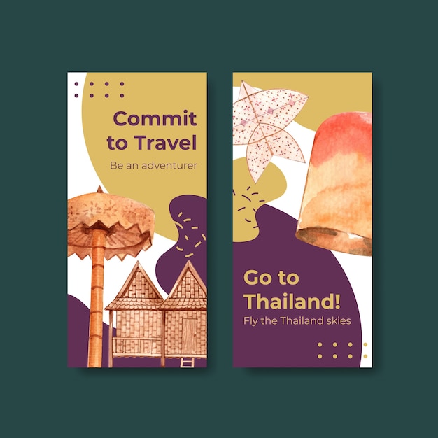 Flyer template set with thailand travel for brochure in watercolor style