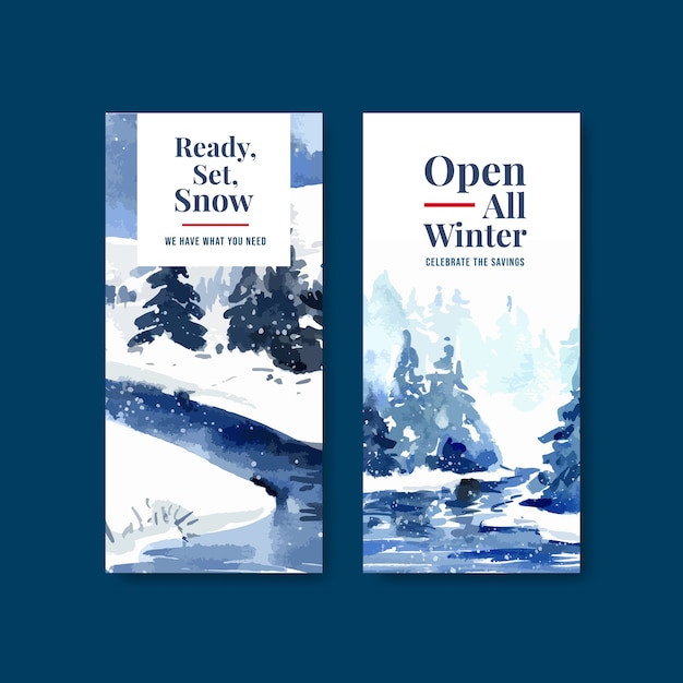 Flyer template set with winter sale for brochure in watercolor style