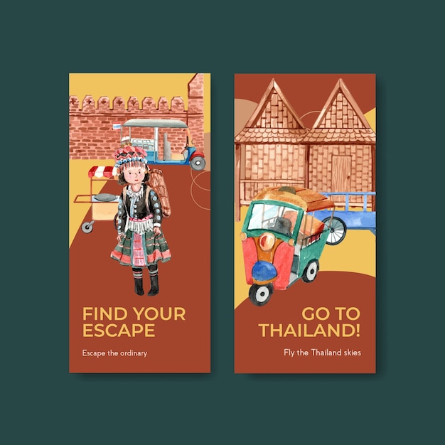 Flyer template sets with thailand travel for brochure in watercolor style