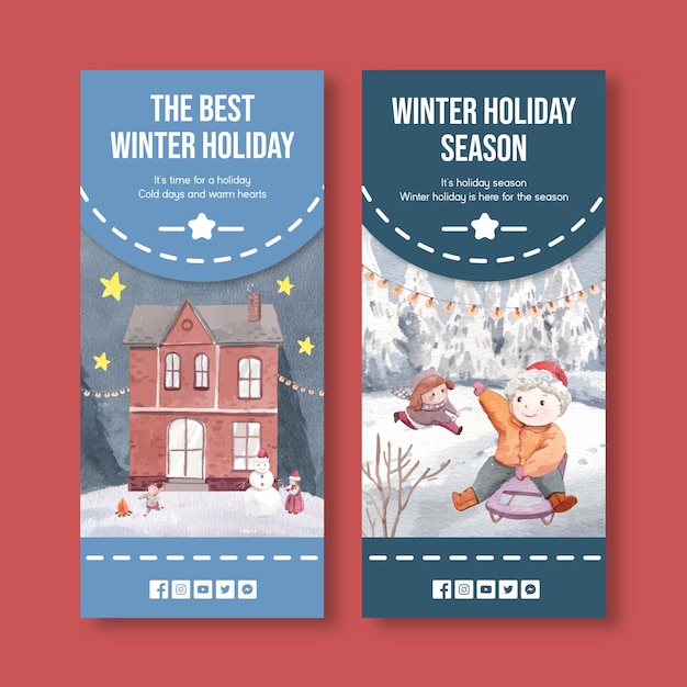 Free vector flyer template with happy winter in watercolor style