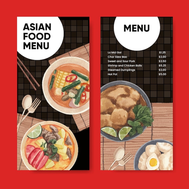 홍콩 음식 개념, 수채화 스타일의 전단지 템플릿