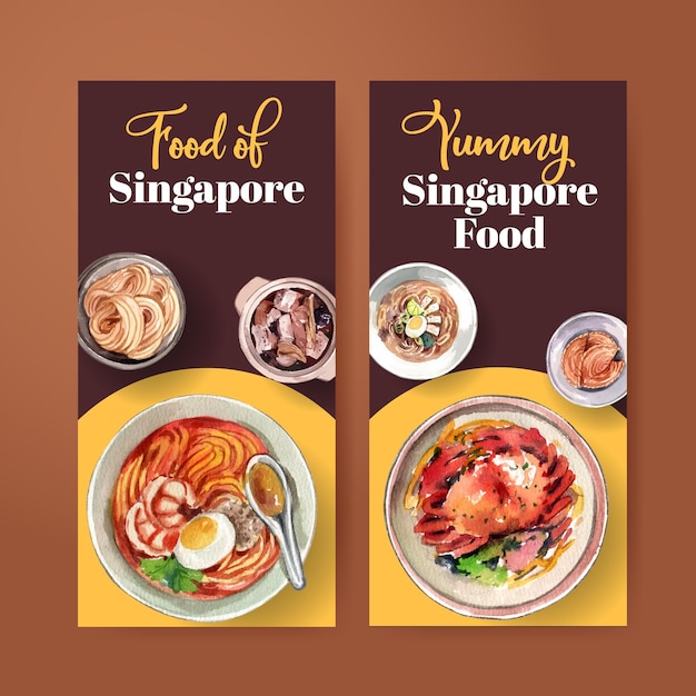 Free vector flyer template with singapore cuisine concept,watercolor style