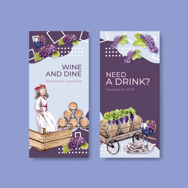 Flyer template with wine farm concept design for brochure and marketing watercolor illustration.
