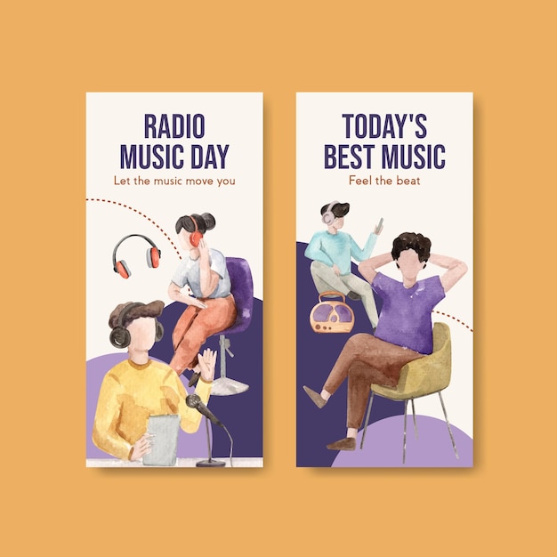 Flyer template with world radio day concept design for brochure and leaflet watercolor illustration