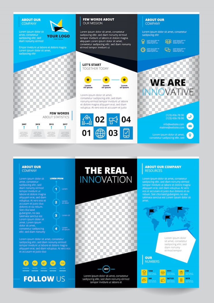 Free Vector flyer trasparent design in blue color with business information world map 