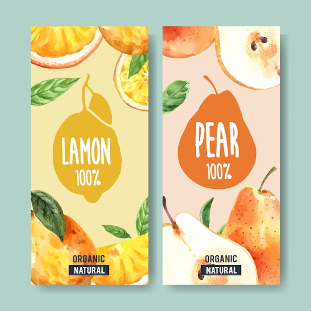 Flyer watercolor with fruits theme, lemon and pear illustration.