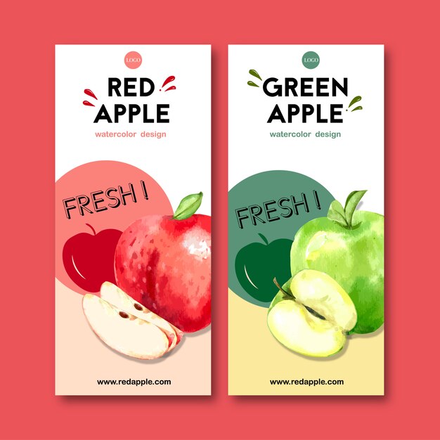 Flyer with fruits themed , apple watercolor illustration template.