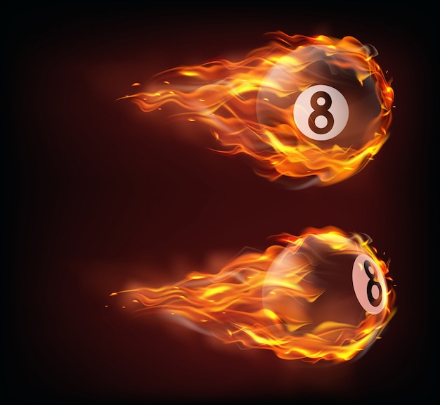 Flying black billiard eight balls in fire