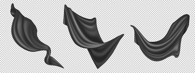 Free vector flying black silk fabric isolated on white background. realistic set of billowing velvet clothes, curtains or scarf in blowing wind. luxury black textile drapery, flowing satin tissue