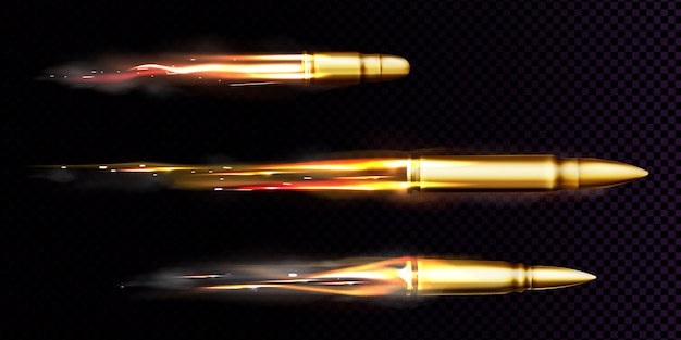 Бесплатное векторное изображение Летающие пули со следами огня и дыма. реалистичный набор из пуль различных калибров, выпущенных из оружия, пистолета или пистолета с дымовой след, изолированных на прозрачном фоне