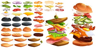 Free vector flying burger and sandwich and ingredients