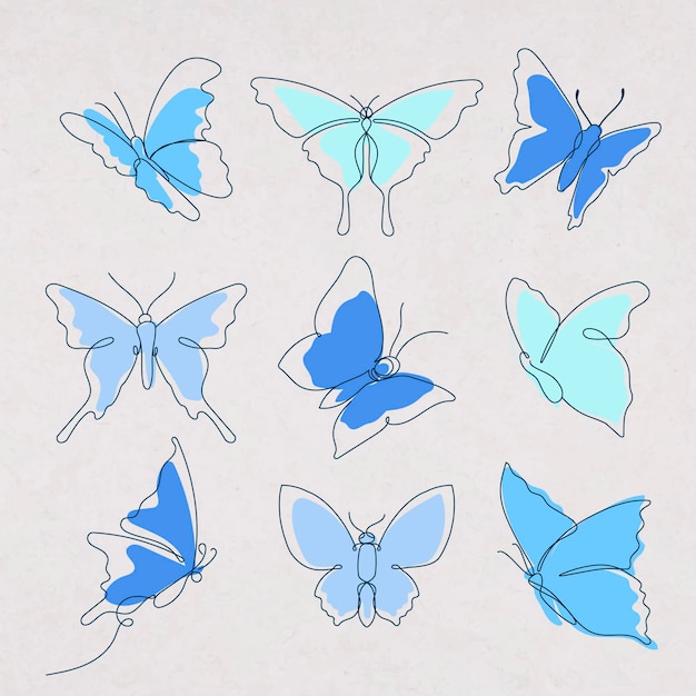 Free vector flying butterfly sticker, blue line art vector animal illustration set