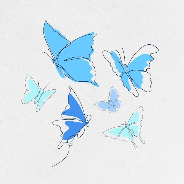 Free vector flying butterfly sticker, blue line art vector animal illustration set