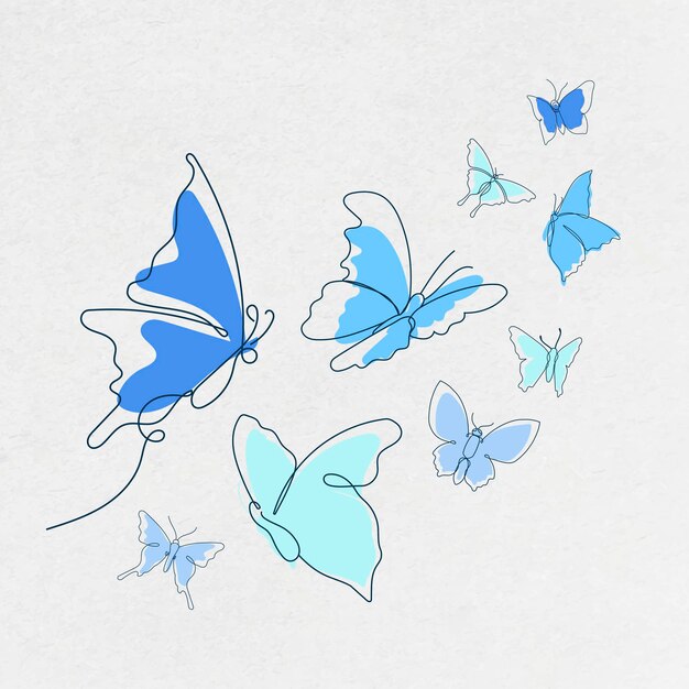 Free Vector flying butterfly sticker, blue line art vector animal illustration set
