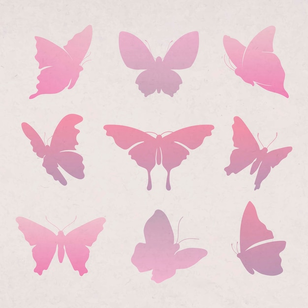 Vettore gratuito adesivo farfalla volante, set di illustrazioni animali vettoriali piatte sfumate rosa
