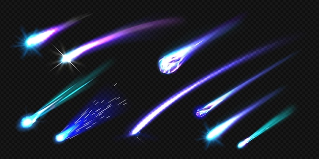 Free vector flying comets asteroid or meteor with flame trail