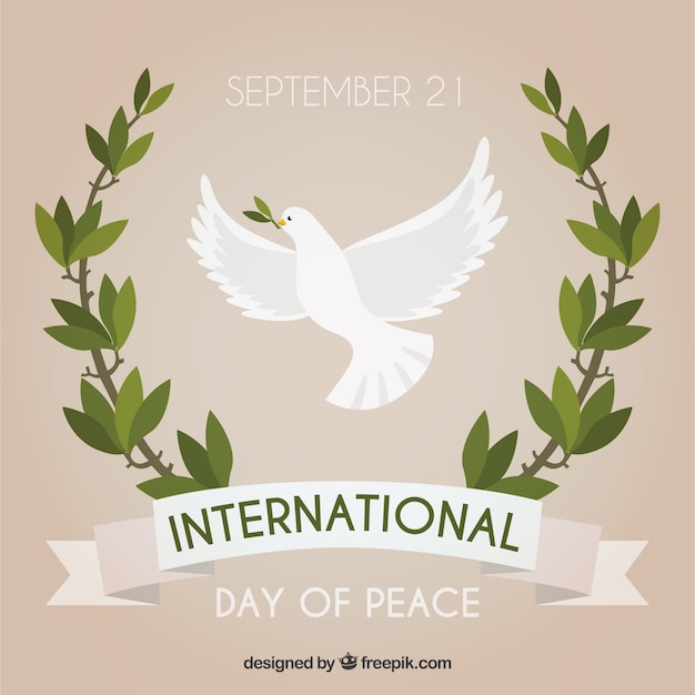 Free vector flying dove with laurel leaves and ribbon