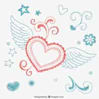 Vettore gratuito volare cuore doodle e ornamenti