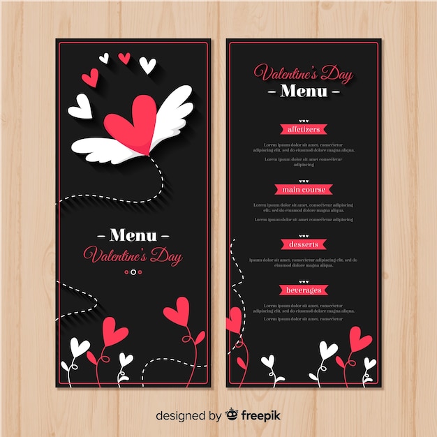 Free vector flying heart valentine's day menu template