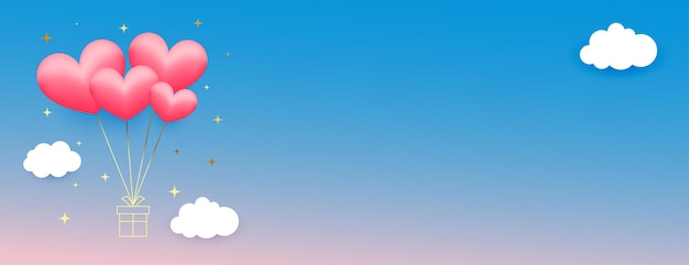 Free vector flying hearts balloons on sky with clouds