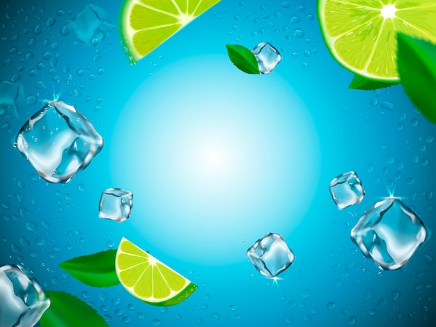 Flying lemons, ice cubes and water drop elements, light blue glass background,  illustration