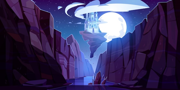Бесплатное векторное изображение Летающий волшебный замок ночью, вид снизу вверх, сказочный дворец плывет в темном небе на скале над горным ущельем