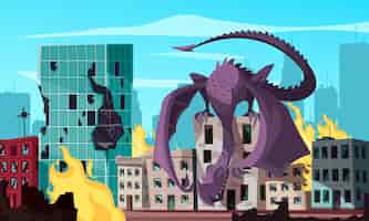 Бесплатное векторное изображение Летающий монстр, сидящий на крыше, атакует горящий город карикатура иллюстрации