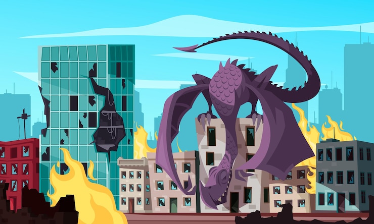 Free Vector flying monster sitting on roof attacking burning city cartoon illustration