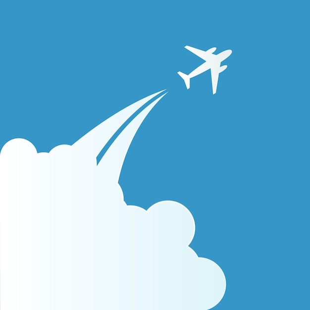 青い空を背景に雲から飛んでいる飛行機フラットデザインベクトルイラストベクトル