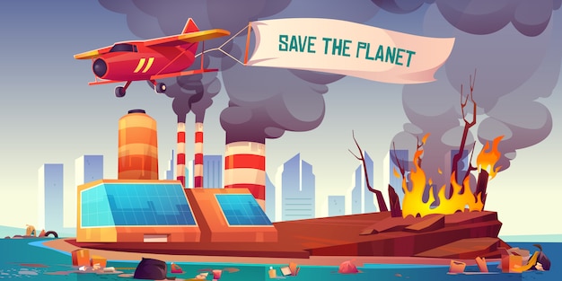 Flying plane with banner save the planet