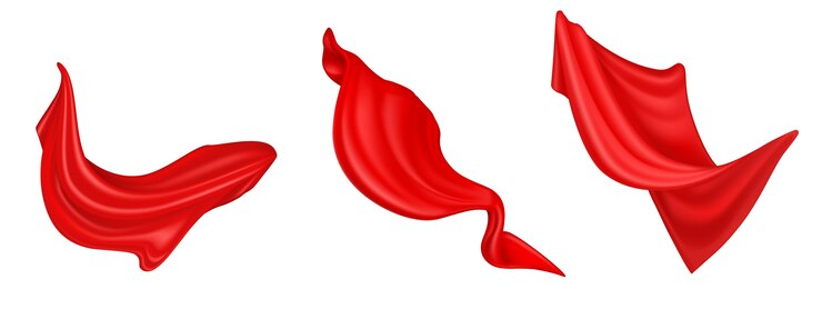 Free Vector flying red silk fabric isolated on white background. realistic set of billowing velvet clothes, curtains or scarf in blowing wind. luxury red textile drapery, flowing satin tissue
