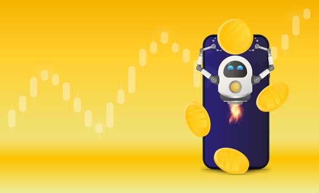 フライングロボットは、携帯電話の背景に金貨を持っています。投資と増資の概念。テキスト用のスペースのあるバナー。ベクター。 Premiumベクター