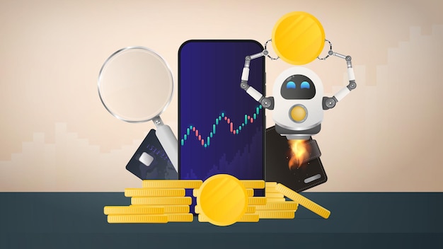 フライングロボットは、携帯電話の背景に金貨を持っています。財布、銀行カード、コインの山、拡大鏡、財務チャート。ビジネスバナー。ベクター。 Premiumベクター