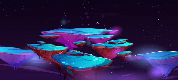 Flying rock islands at night sky cartoon landscape